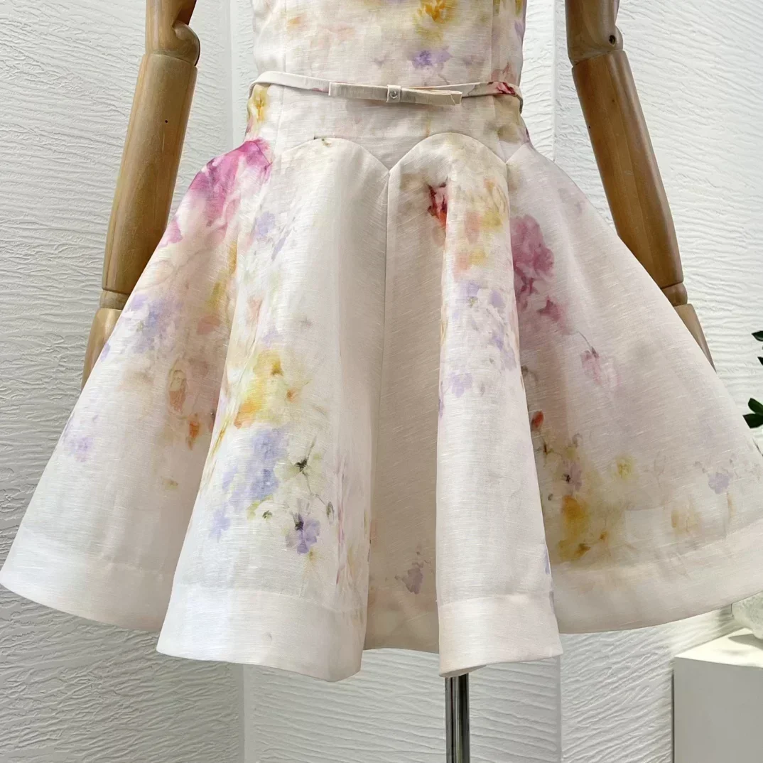 Mini robe en lin à plis superposés pour femmes, imprimé floral, sans bretelles, taille spaghetti, design tendance, nouveau, 2025