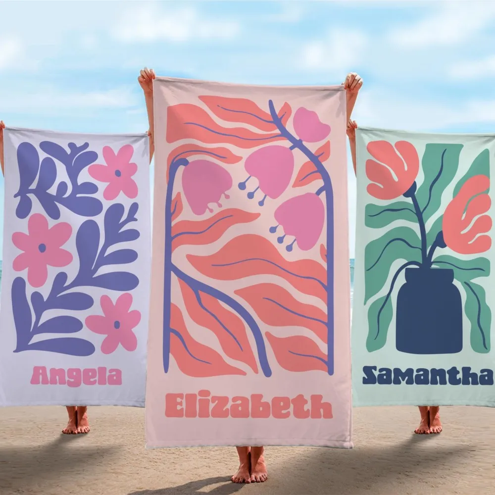 Floral Personalized Beach Towel Custom Towel with Name Portable Oversized Pool Towel for Summer Vacation Trip Seaside Swim Camp