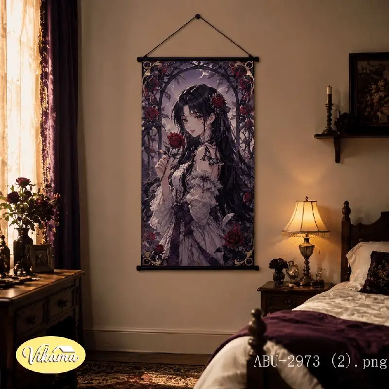 VIKAMA Gothic Anime Girl Black Cat Tapestry Purple Moon Rose Victorian Art Wall Hanging for Bedroom Aesthetic Home Decor