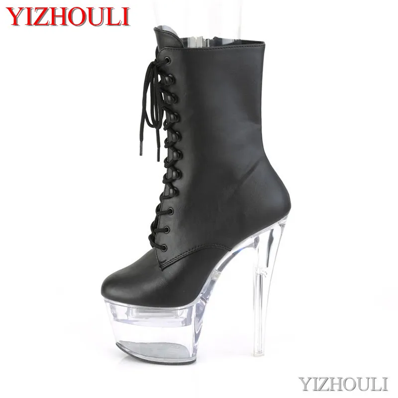 

17cm banquet boots PU material 7-inch model transparent stiletto heels, nightclub pole dancing ankle dance shoes