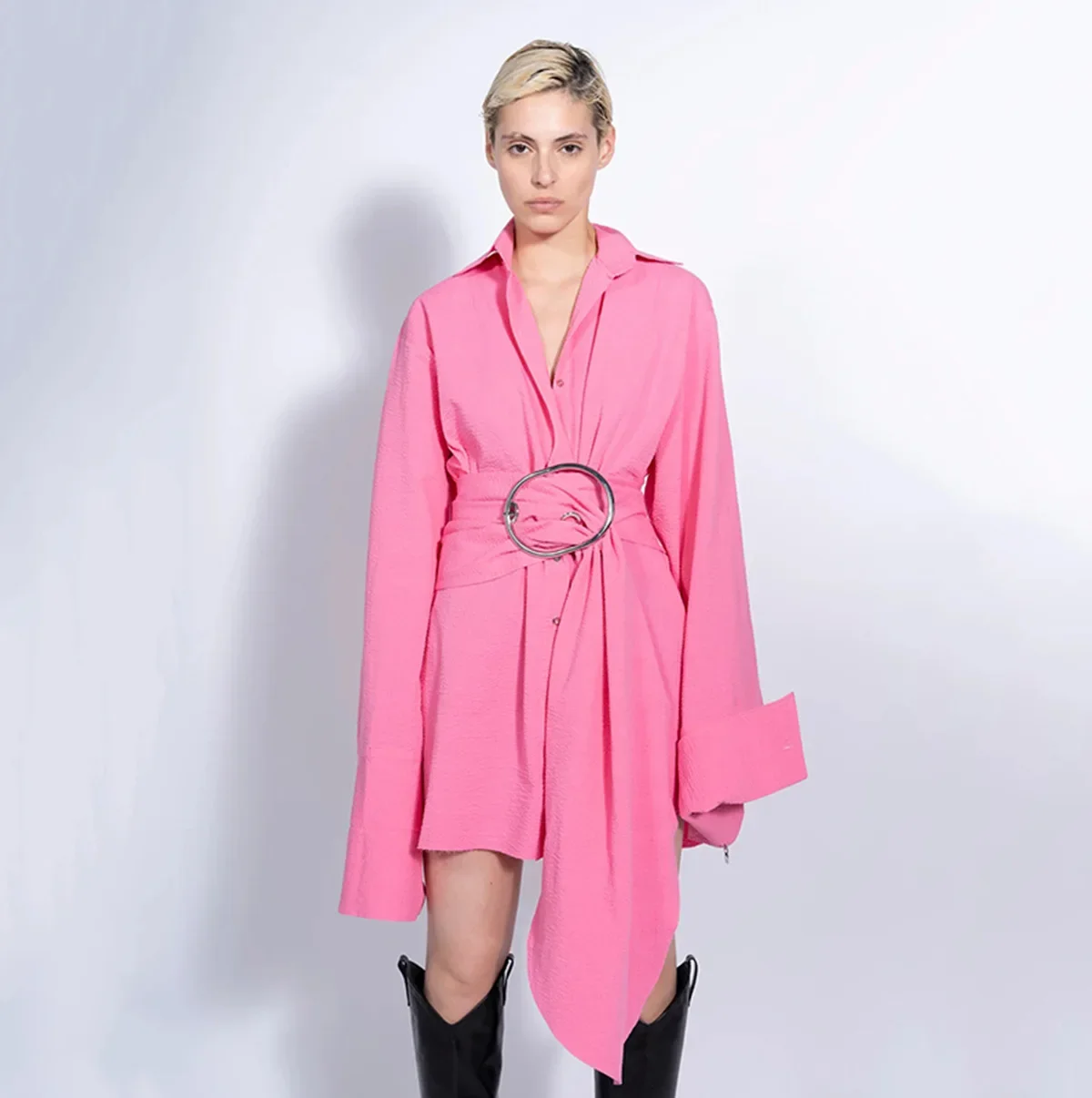 Camisa rosa para mujer, ropa de trabajo de negocios con cinturón, manga larga, Chaqueta larga, vestido de graduación, 1 pieza