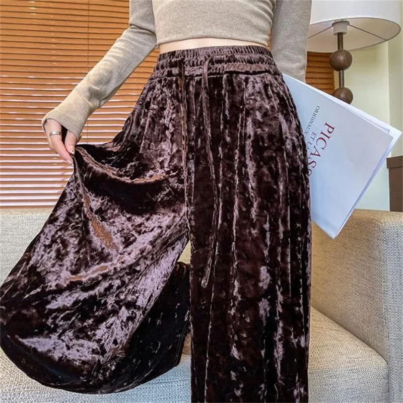 

2025 Spring Autumn Golden Velvet Pants Women Fashion High Waist Trousers Loose Casual Elastic Waist Wide-Leg Pants Female