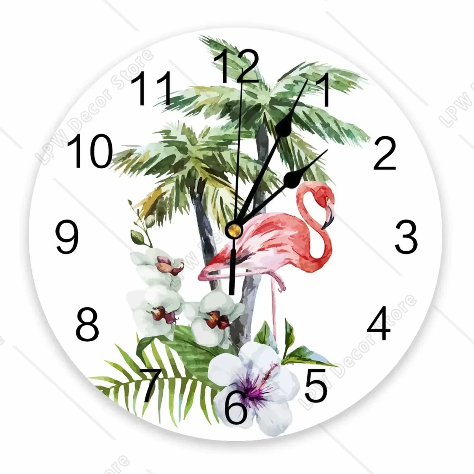 Flamingo Flower Tree Watercolor Decorative Round Wall Clock Custom Design Non Ticking Silent Bedrooms Large Wall Clock