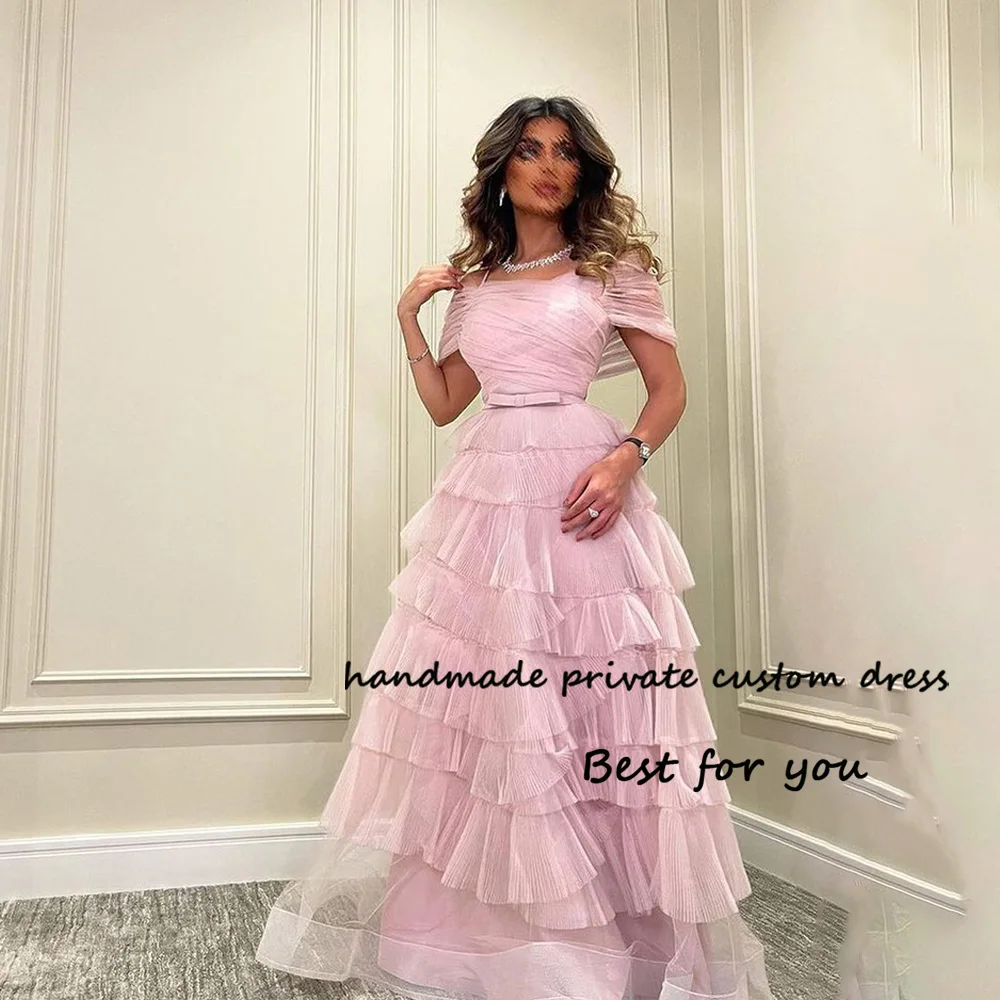 

Baby Pink Tulle A Line Prom Party Dresses Off Shoulder Saudi Arabia Evening Dress Long Dubai Formal Prom Gowns