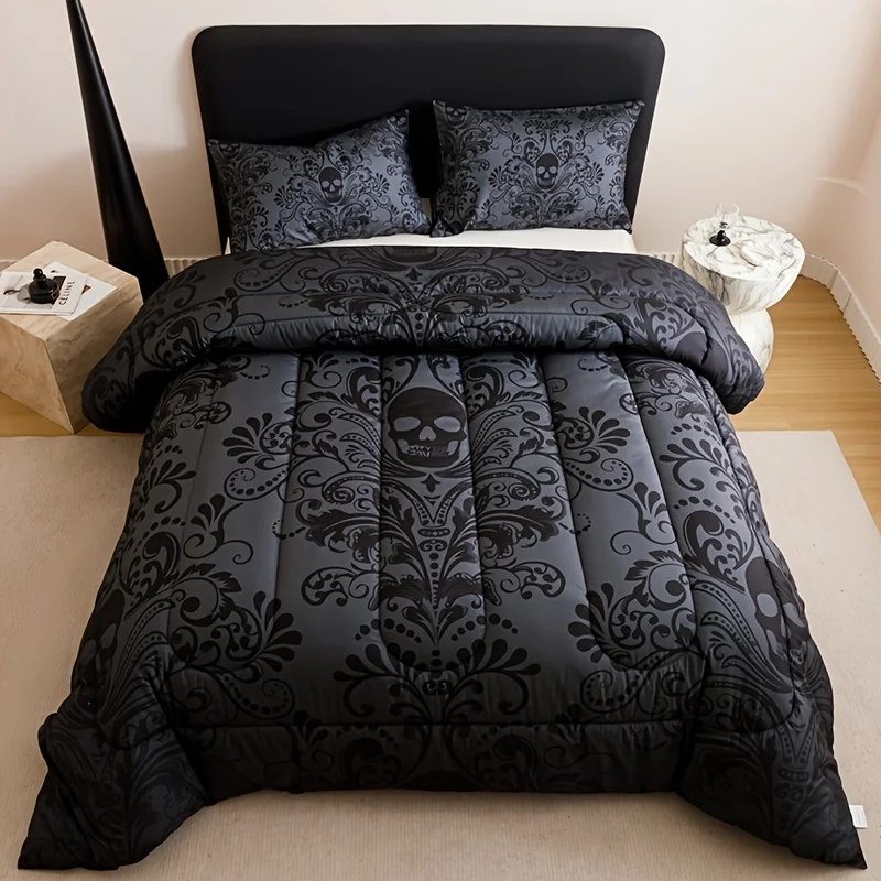3pcs Thickened Skull Quilt Set, Dark Retro Style.Convenient For Daily Care. Perfect For Back-to-school Season Valentine'S Day Gift-giving, Ideal For Dormitory, Bedroom Home Decoration. Includes One Quilt Two Pillowcases, Pillow Inserts Excluded.