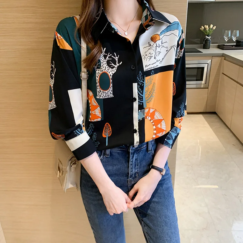 Women Korean Fashion Loose Printing Chiffon Polo-Neck Long Sleeve Shirts Ladies Casual All-match Appear Thin Office Lady Tops