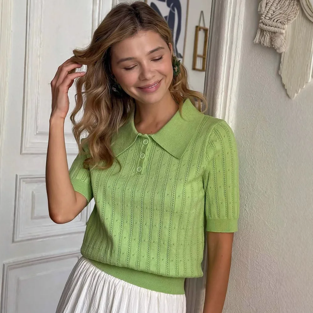 

Women's ort Sve Knitted irt Hollow out Ne Summer Top Loose Fit Casual Cotton Color Faion Trend