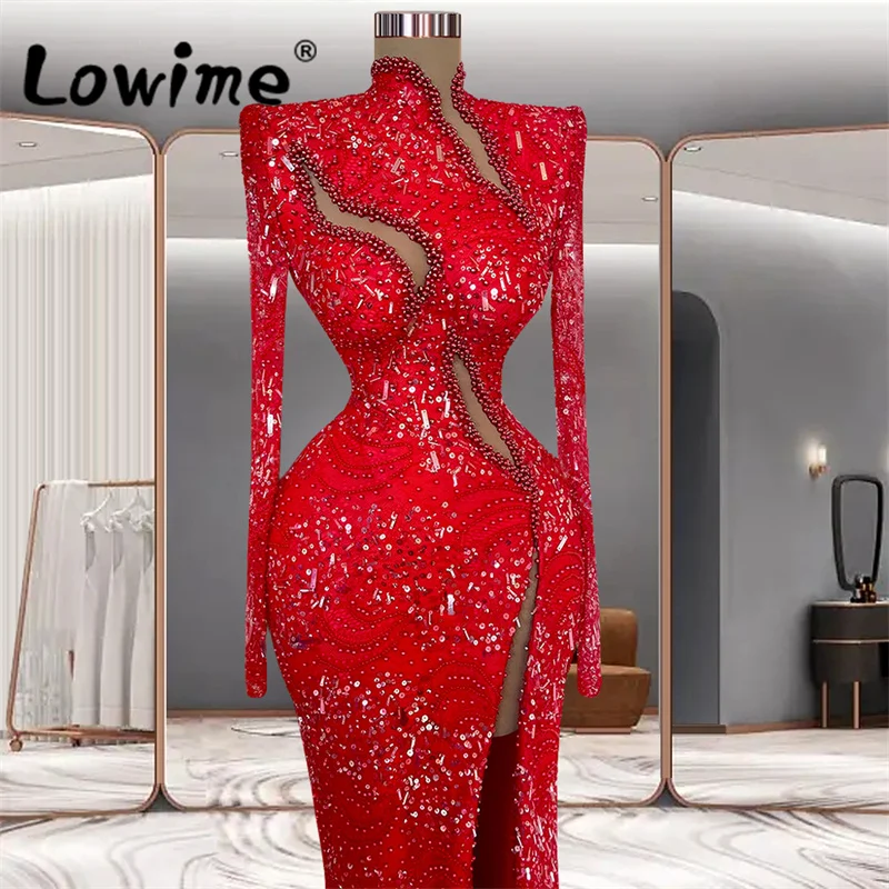 Modern Red Evening Dresses Long Sleeves Beaded Mermaid Party Dress For Weddings 2023 Shiny Sequins Prom Gowns Custom Made Robe