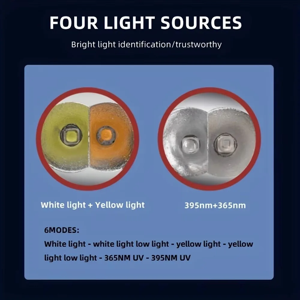 4-in-1 White Yellow UV 365nm/395nm LED LCD Flashlight USB Charging Jewelry Jade Stone Pet Stains Marker Ore Money Scorpion Light