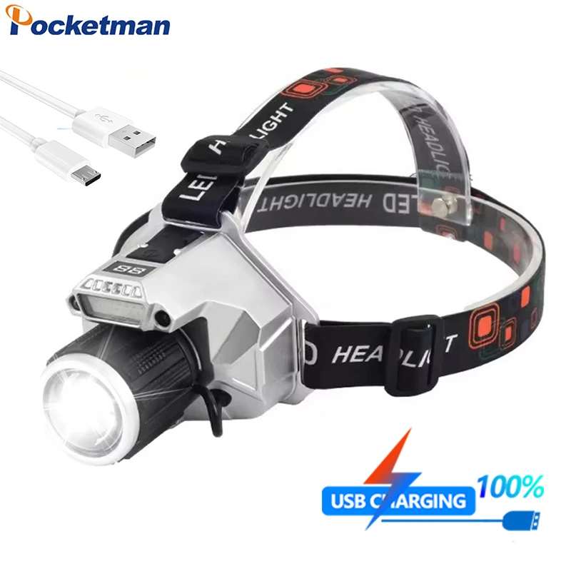 Smart Motion Sensor LED Headlamp Type-C USB Rechargeable Headlight Super Bright Rotary Zoom Head Lamp Red/Blue Warning Lights