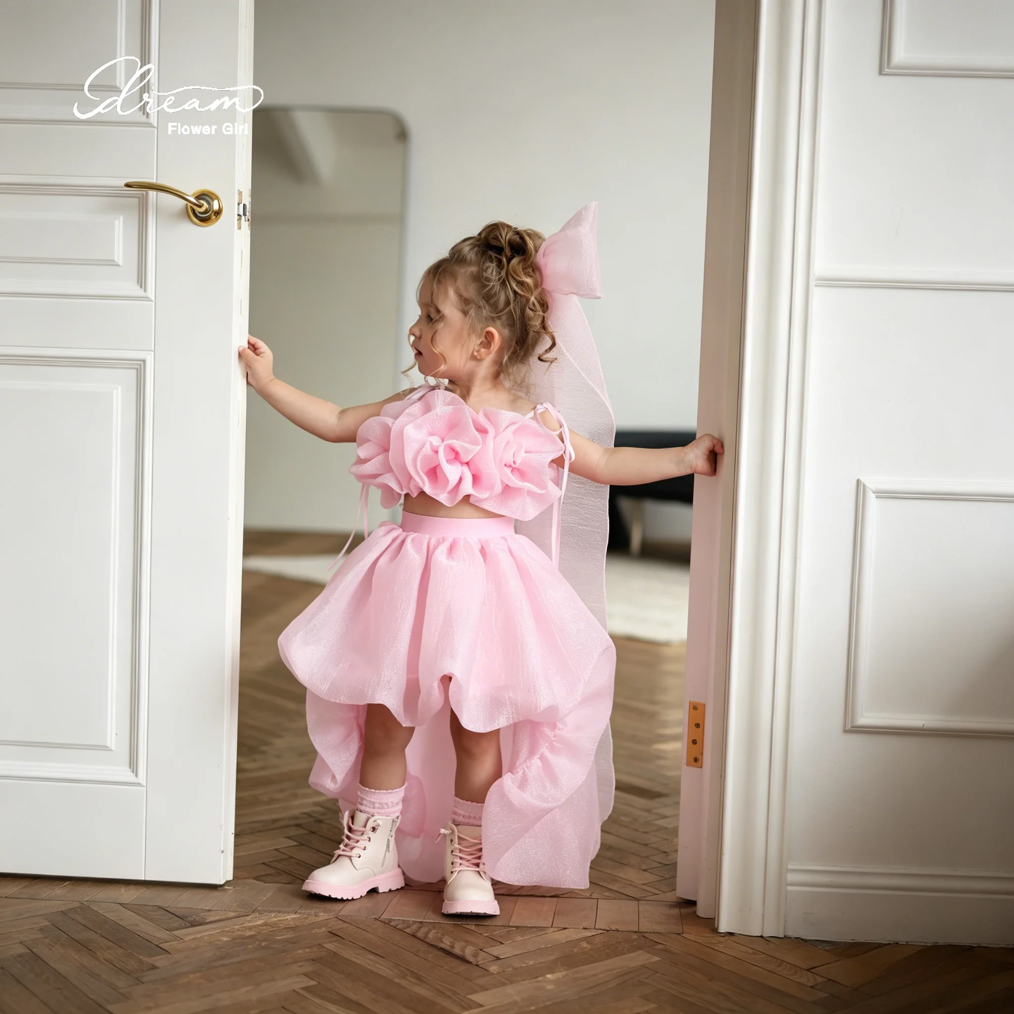 Adorable flower girl pink halter dress with train set, formal ball gown, featuring floral designs and irregular hemline.