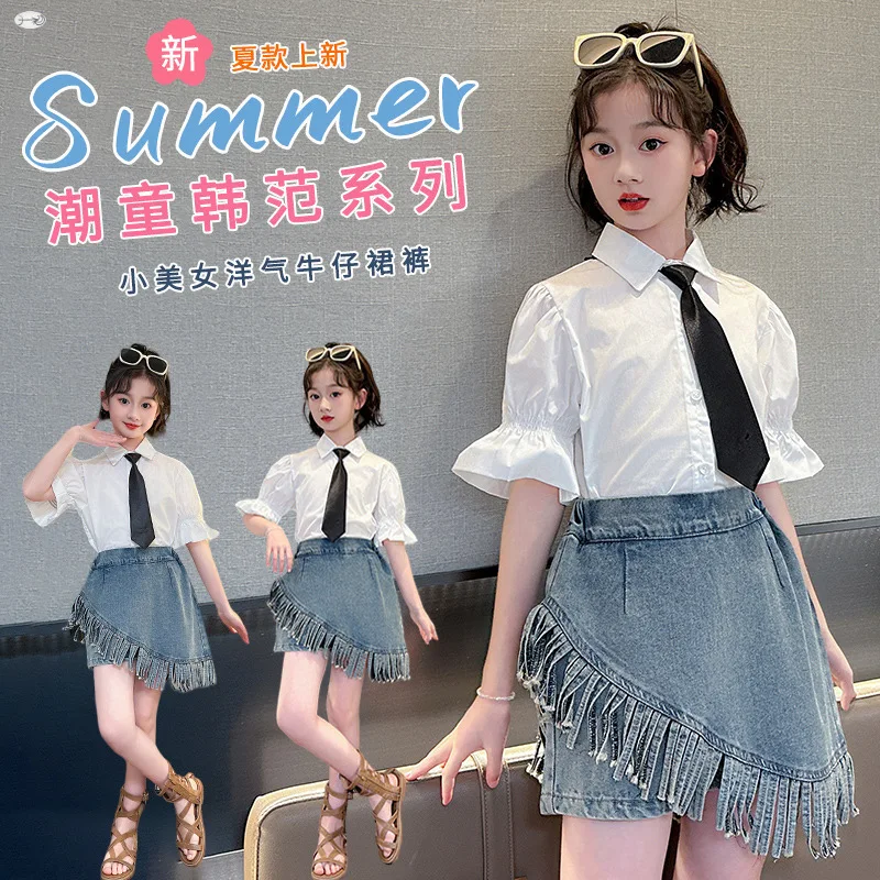 2025 الصيف ألف خط مرونة الخصر الفتيات الفتيات الدنيم السراويل التحيز شرابة تنورة الأطفال المراهقين رقيقة الركبة الملابس 4 5 8 10 12 سنة #3