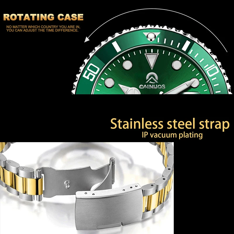 남성용 시계 쿼츠 그린 고스트 다이버 시리즈 스테인레스 스틸 시계 방수 달력 시계 비즈니스 럭셔리 시계 Reloj Hombre