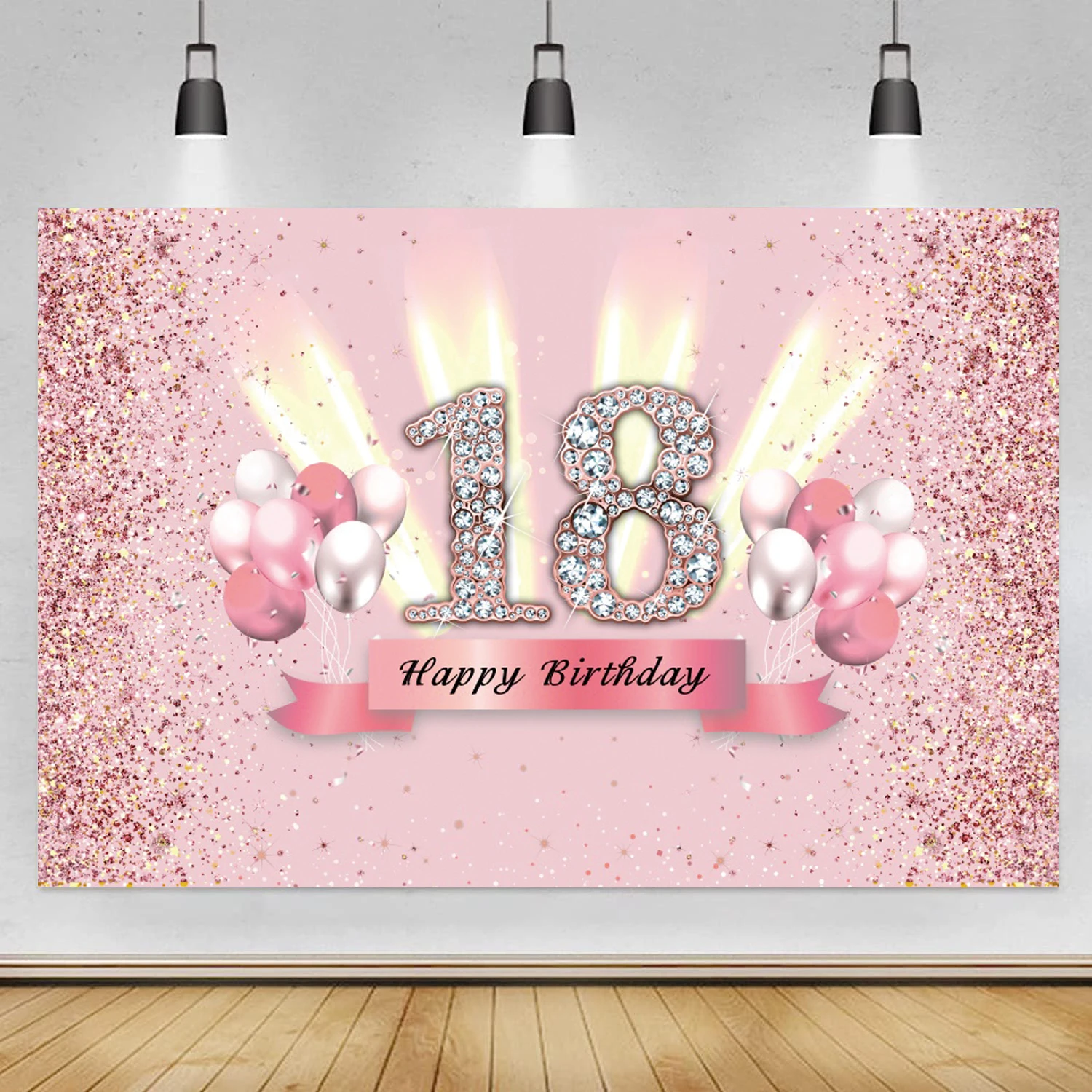 

Pink 18th Birthday Backdrop Glitter Diamonds Boys Girls Birthday Party Custom Photography Background Decor Cake Table Banner