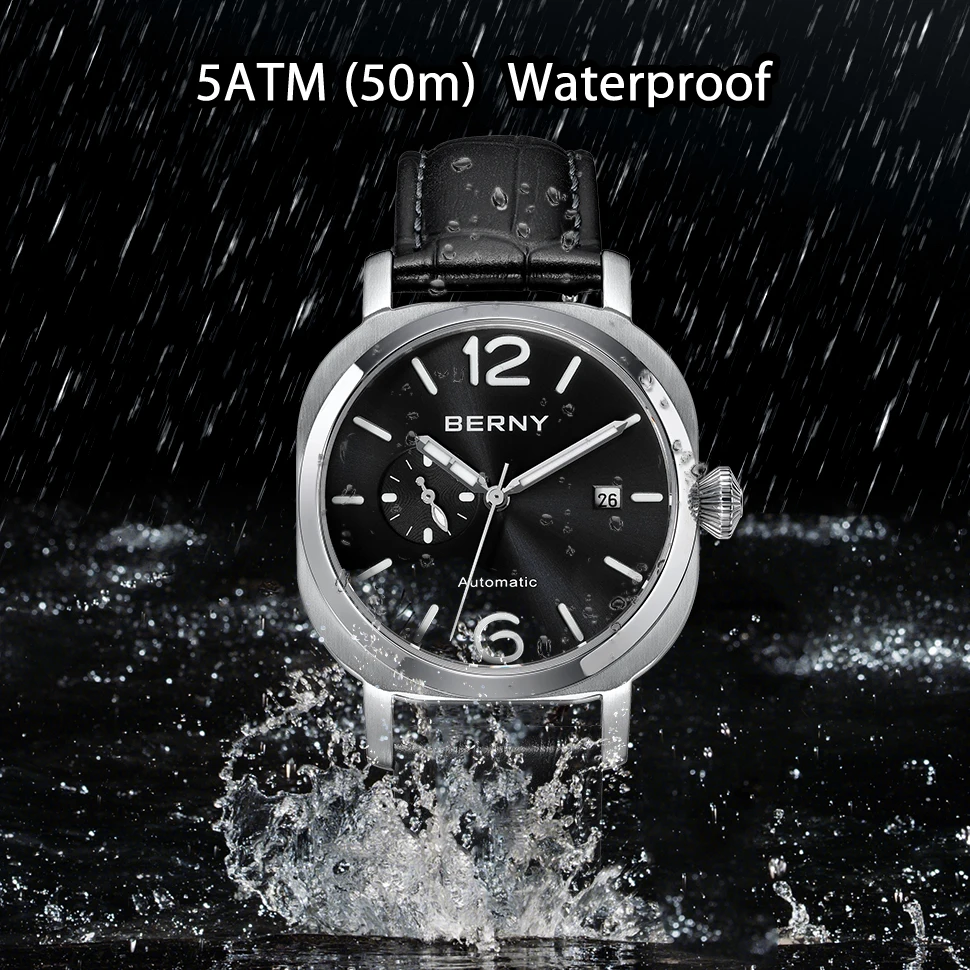 BERNY Sandwich Automatic Self-Wind Watch for Men MIYOTA 8217 Luminous Date Sapphire 24-Hour Mechanical Watch Men Waterproof 5ATM