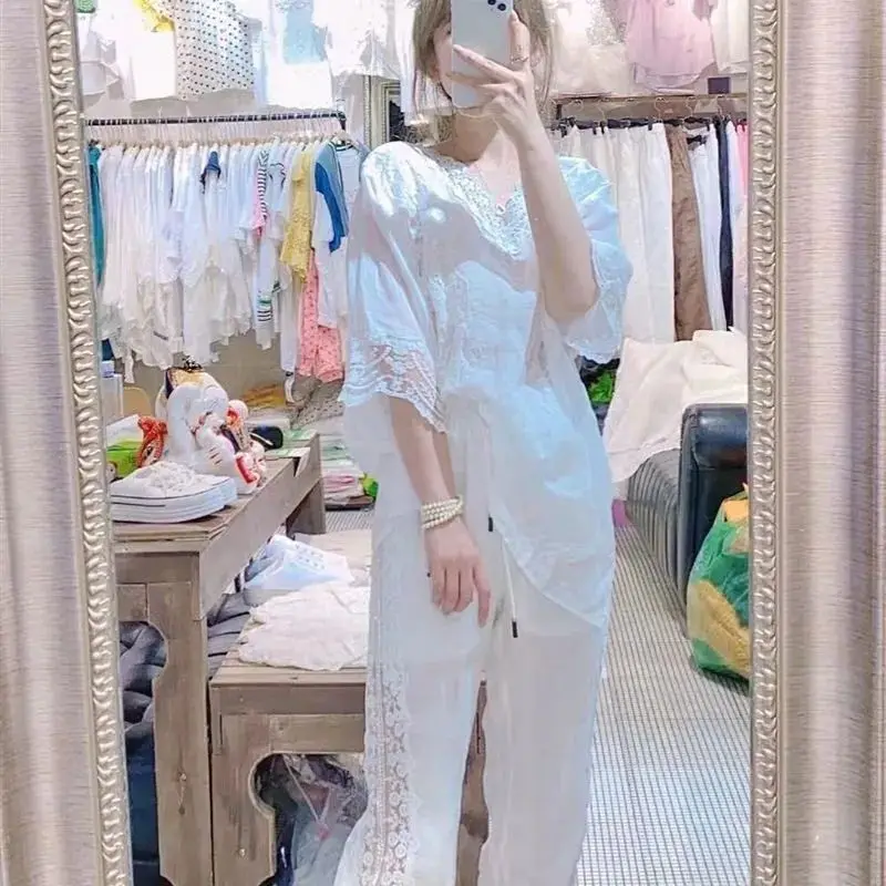New Summer Fashion Splice Lace V-Neck Small Sexy Women's Solid Color Slightly Transparent Versatile Mid Sleeve T-shirt XQ57