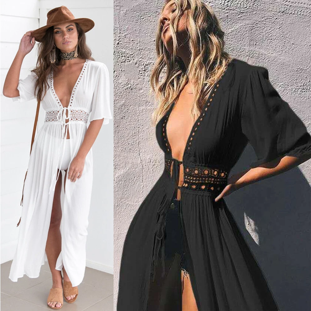 Women Summer Dress Lady Lace Boho Beach Swimsuit Bikini Lace-Up Long Blouse Hollow Out Sun Protection Cardigan Shawl F6GE