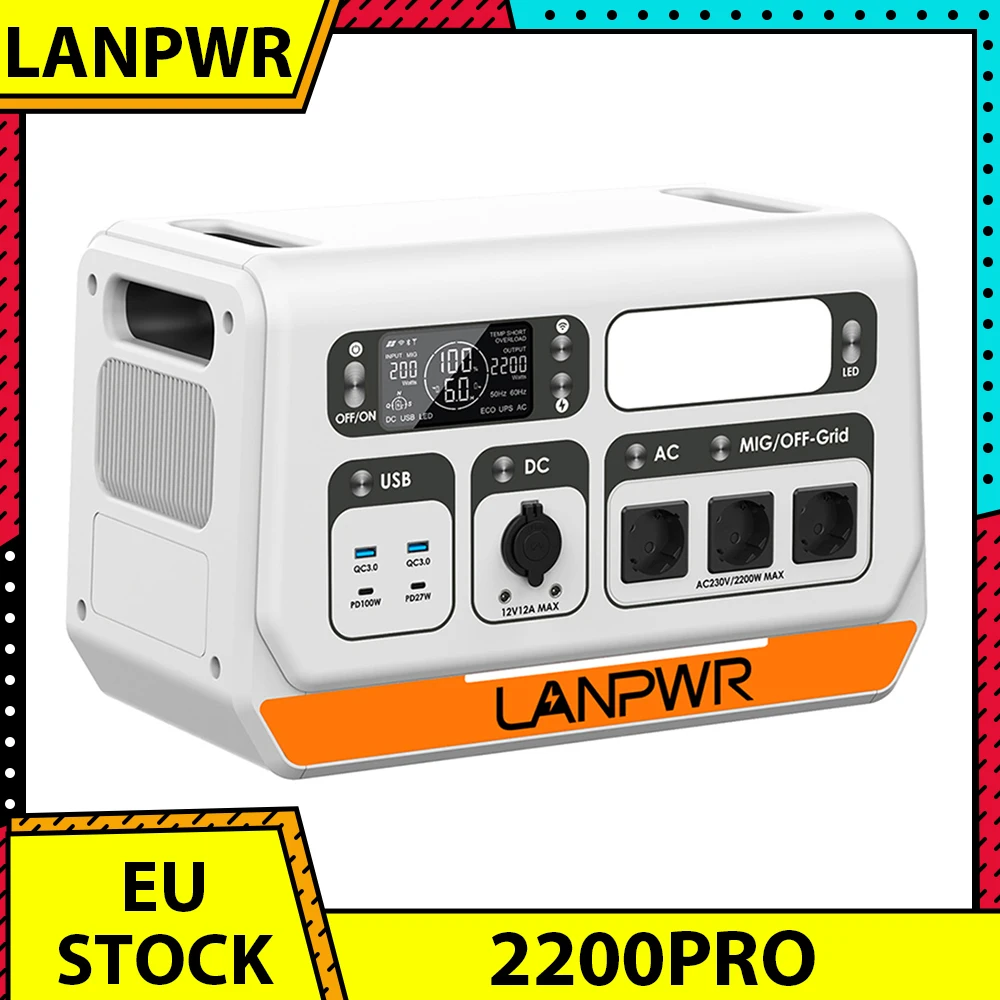 LANPWR 2200PRO Portable Power Station, LiFePO4 2048Wh, with On-grid Inverter, Support 200W/400W/600W/800W, 2200W Max. AC Output