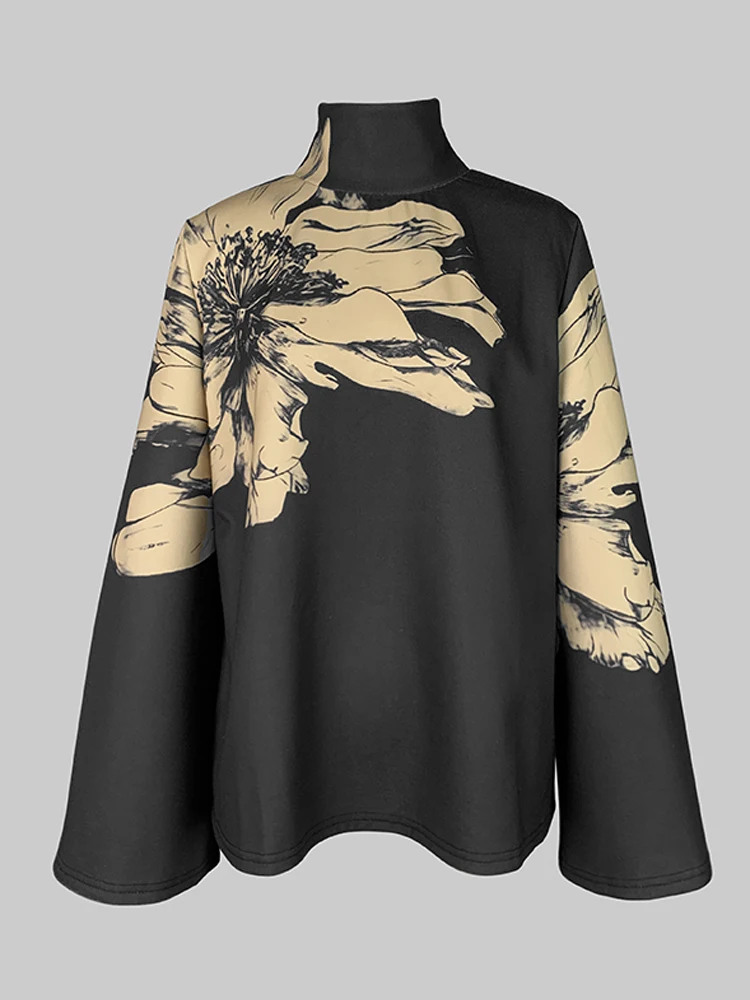 2024 New Women Flower Print High Neck Tops Spring Autumn Long Flared Sleeve Loose Casual Fashion T-Shirts Female Clothes