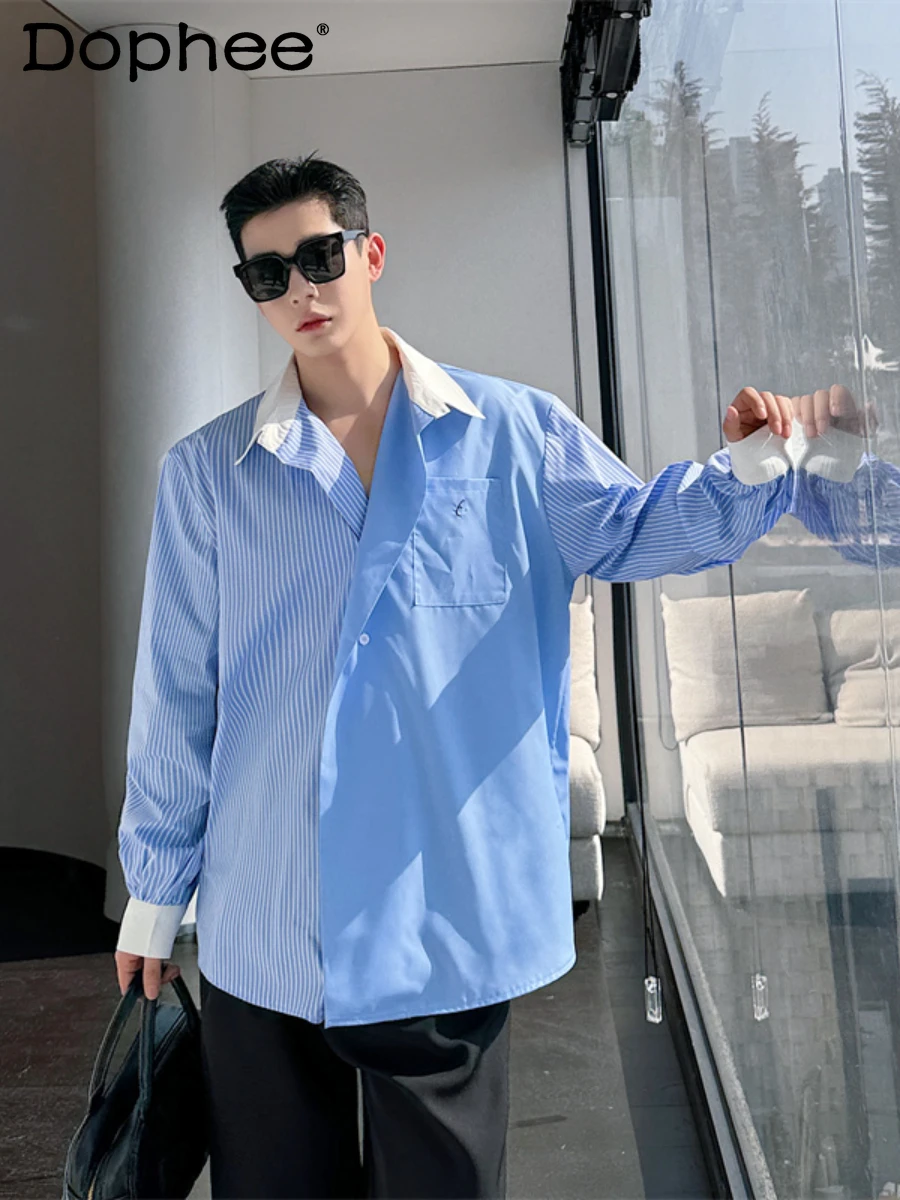 Handsome Trendy Male Color Contrast Patchwork Shirts Striped Long-Sleeved Shirt Men's All-Match 2024 Summer Loose Casual Top