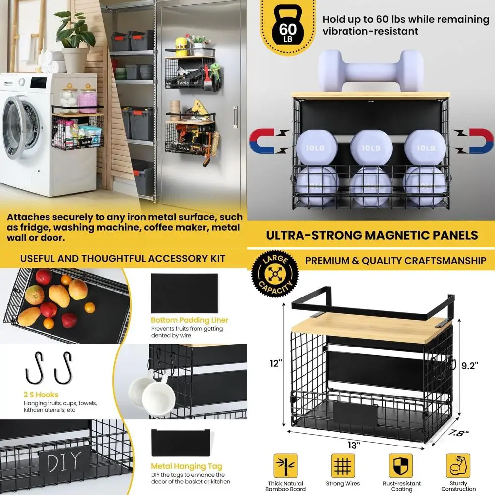 

[WIDER SHEL] 2 SET Strong Magnetic Shel Basket or ridge with Tag & Bamboo Top, XXL Large Magnetic Spice Rack Shelves or Side o R