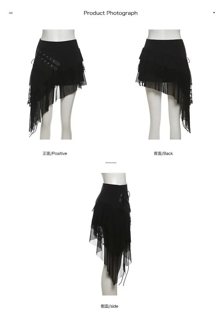 26SS Punk Lace Stitching Design Irregular Lace-up Skirt Women