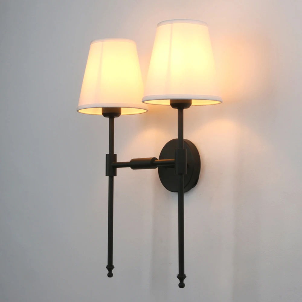 Imagem -03 - Permo-classic Rustic Double Sconce 2-light Wall Sconce com Flared Branco Têxtil Abajur Antique Brass Terminado Braço Longo