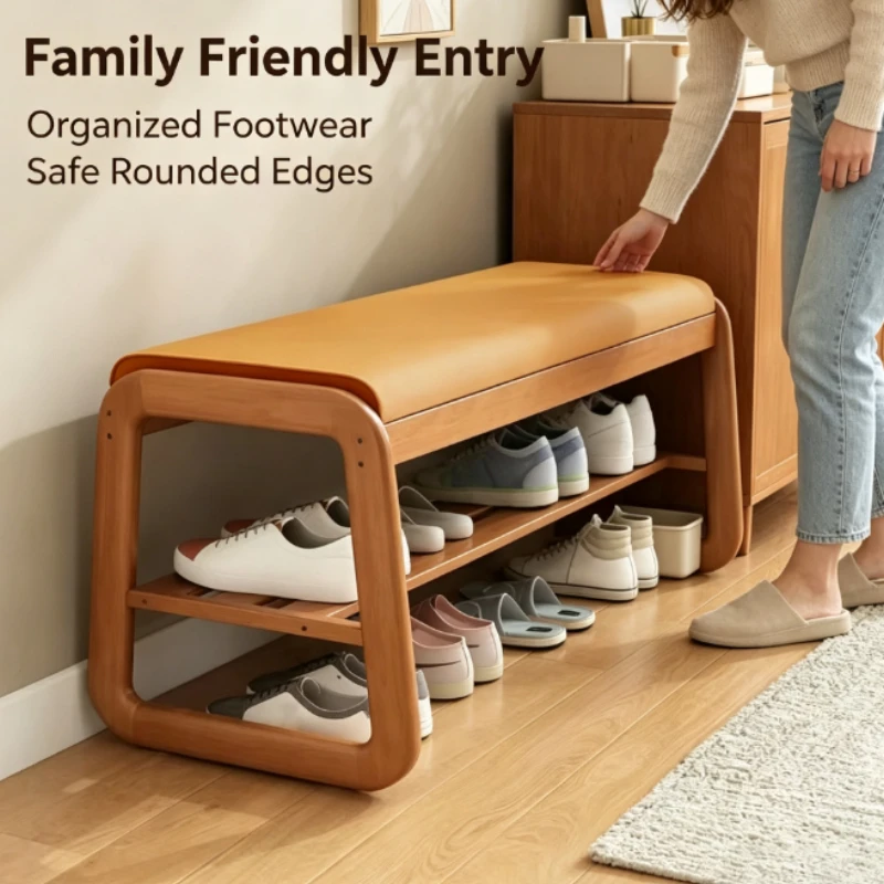 Shoe Changing Bench Solid Wood Frame Soft Cushion Top Multi Layer Storage For Entryway Hallway Living Room Modern Home Furniture