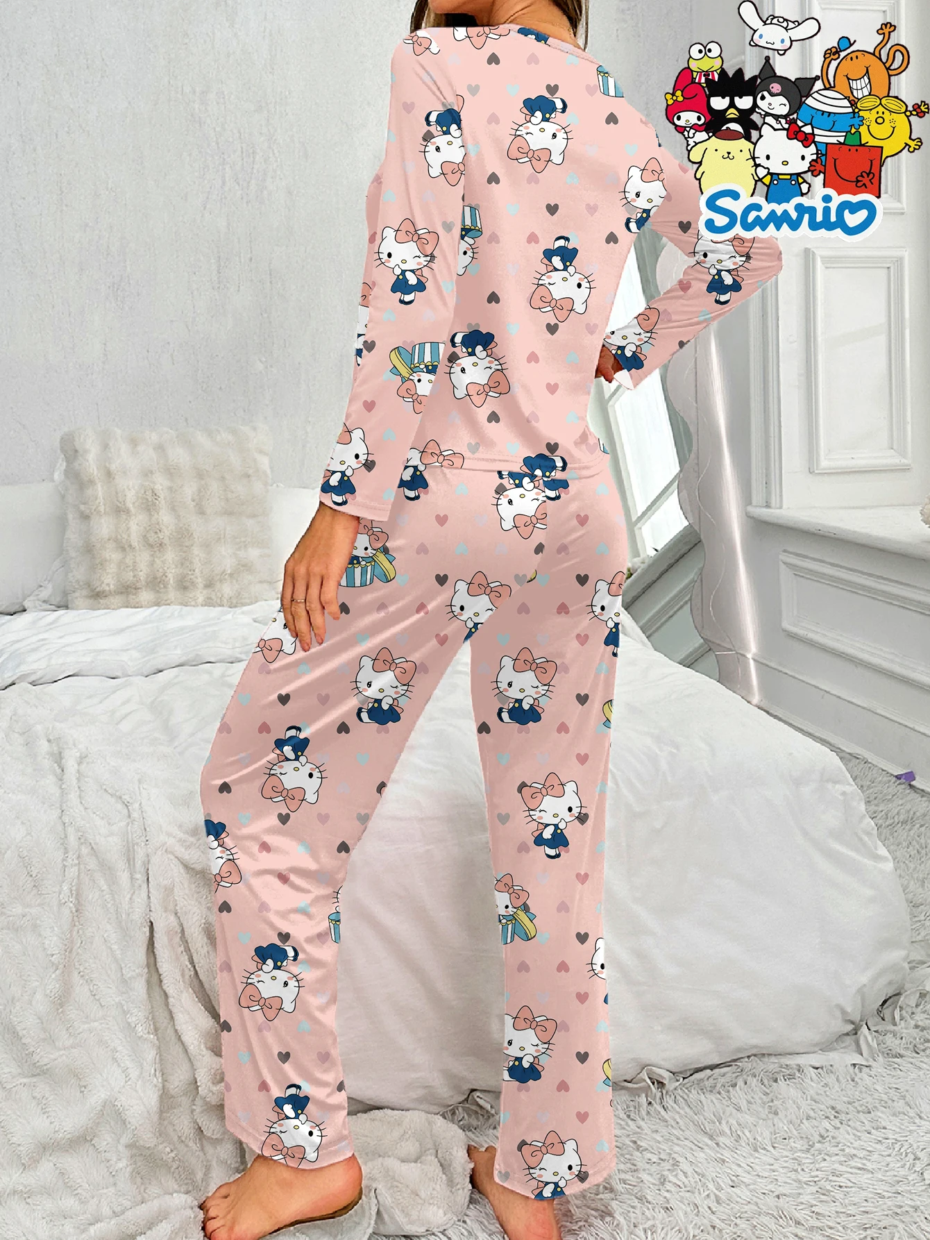 مجموعة ملابس منزلية من Sanrio HelloKitty بأكمام طويلة ورقبة دائرية كارتونية لطيفة كاجوال