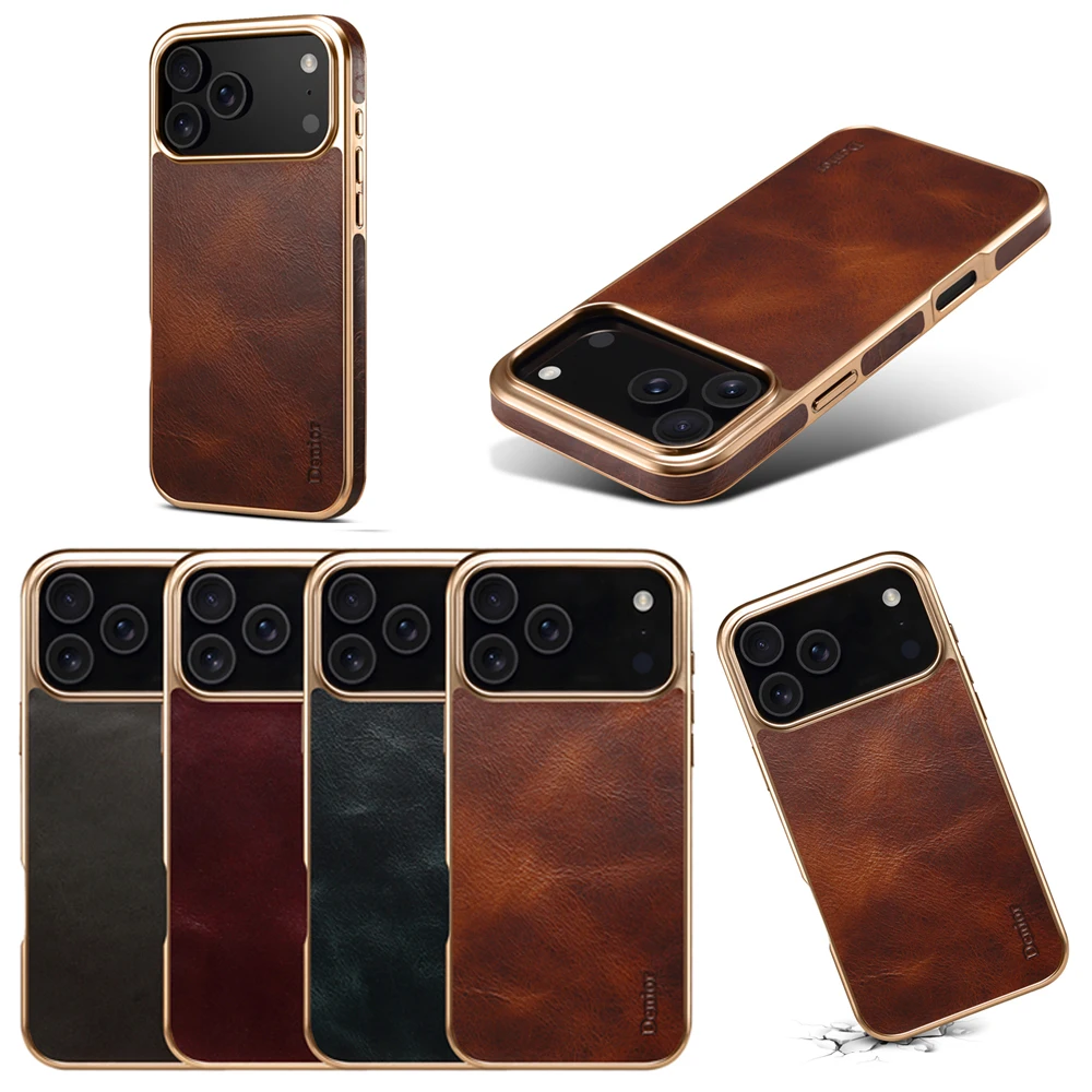 

Luxury Gold Plating Cover Matte Cowhide Genuine Leather Phone Case for iphone 17 PRO MAX 17 AIR 16 PRO MAX 12 13 14 PLUS 15 PRO