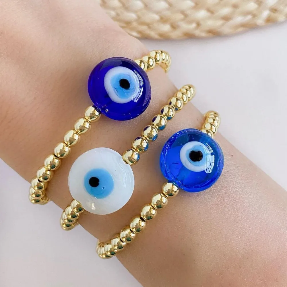 Herlook Blue Evil Eye Bracelet High Quality Gold Plated Beads Stretchy Pulseras Jewelry for Women Blue Lucky Eye Bracelets