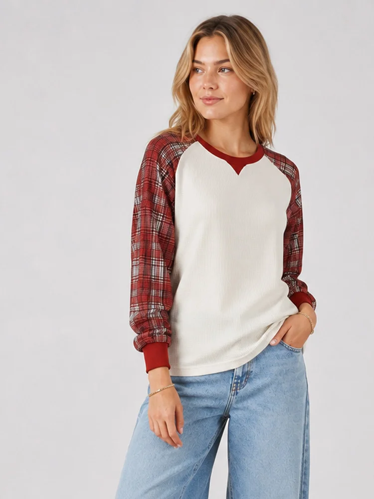Autumn Aesthetic Retro Y2K Grid Splicing Waffle V-Cut Round Neck Raglan Sleeves Long-Sleeved Casual Men's and Women's T-Shirt
