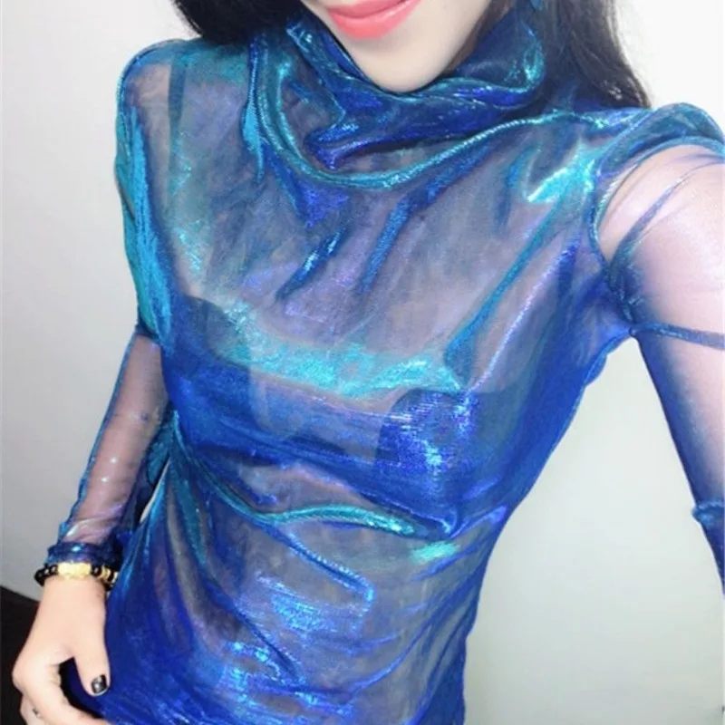 Top Women's Sexy Shiny Color-Changing Stretch Sheer High Neck Long Sleeve Undershirt New Comfortable Minimalist Niche Versatile