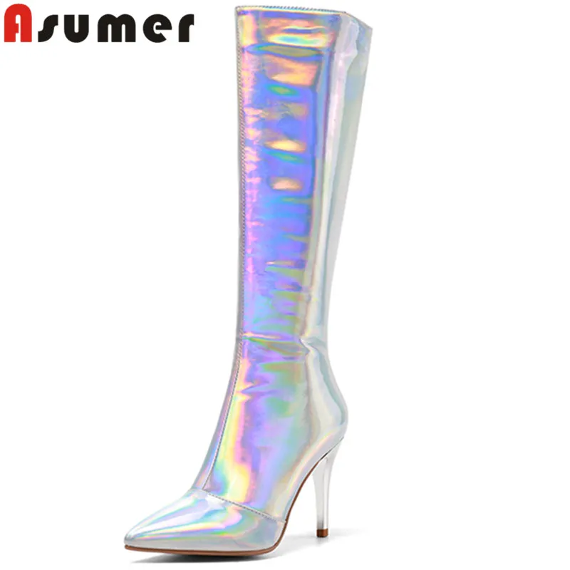 

ASUMER 2022 Big Size 33-46 New Laser Silve Microfiber Over The Knee Boots Thin High Heels Modern Boots Ladies Zipper Shoes