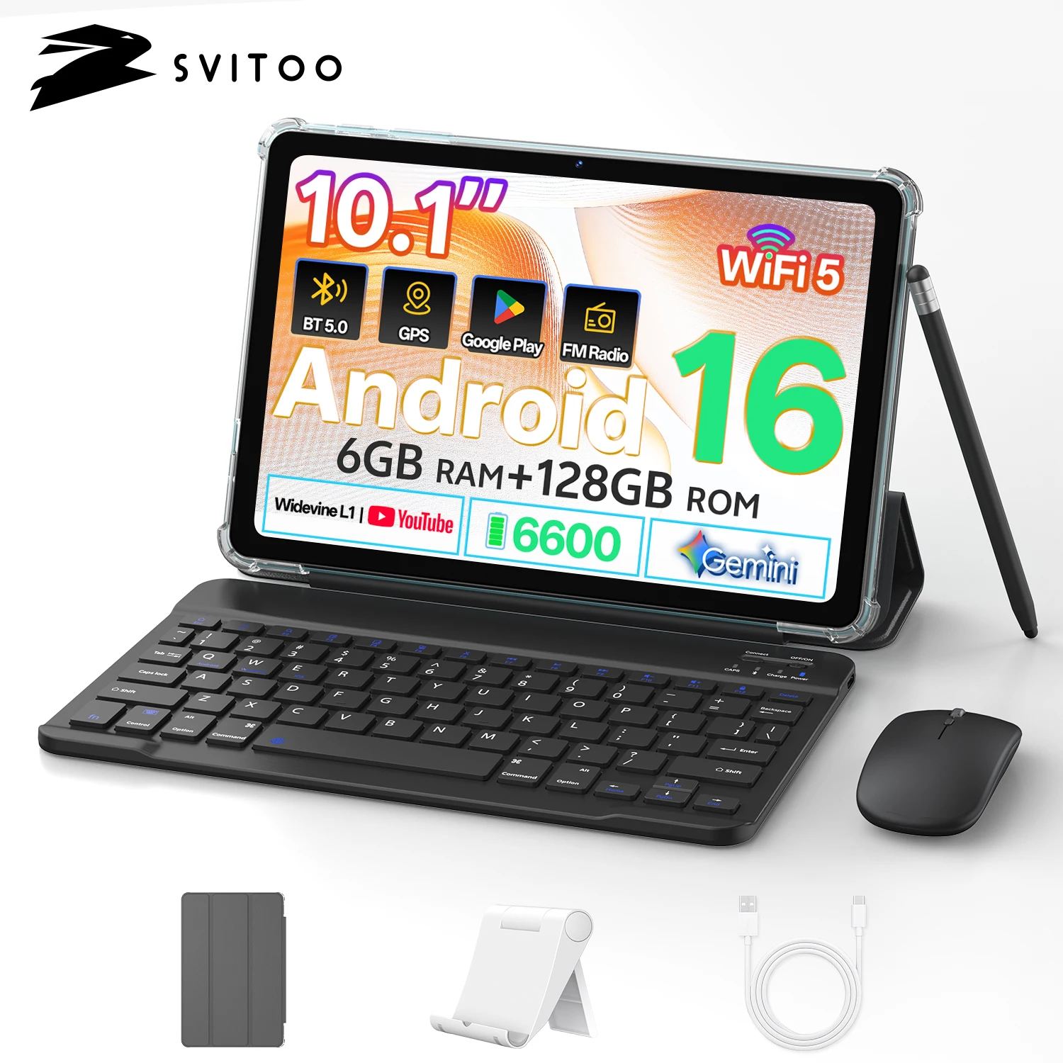 SVITOO Tablet 2026 Android 16 10.1 Inch HD IPS Screen Unisoc T310 Quad-Core Processor 6GB Physical RAM + 18GB Virtual RAM 128GB ROM 1TB Expandable 6600mAh Battery 2.4GHz 5GHz WiFi 5 Bluetooth 5.0 GPS Widevine L1 With Case Keyboard Mouse Stylus Stand