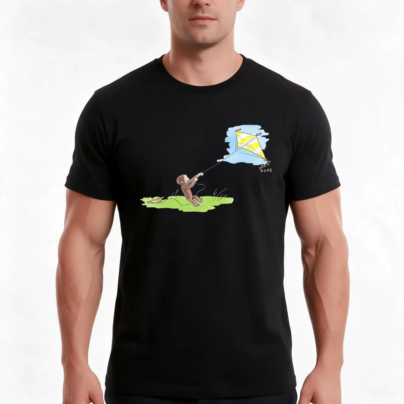 Curious George Flies Kite On A Sunny Day T-Shirt Summer Casual Cotton Tee Oversized Streetwear Tops Vintage Graphic Print