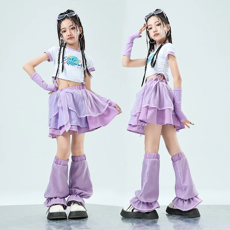 

Одежда для танцев черлидинга для девочек, комплекты костюмов для джазовых танцев, топы с пупком, фиолетовая юбка, комплекты одежды для современных танцев, BL16930