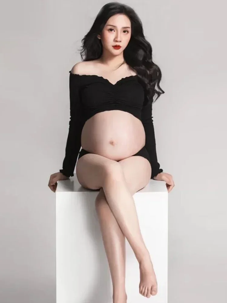 

Women Photography Props Maternity Dress Pregnancy Black Full Sleeve Off-shoulder Top Shorts Studio Maternity Photoshoot Clothes