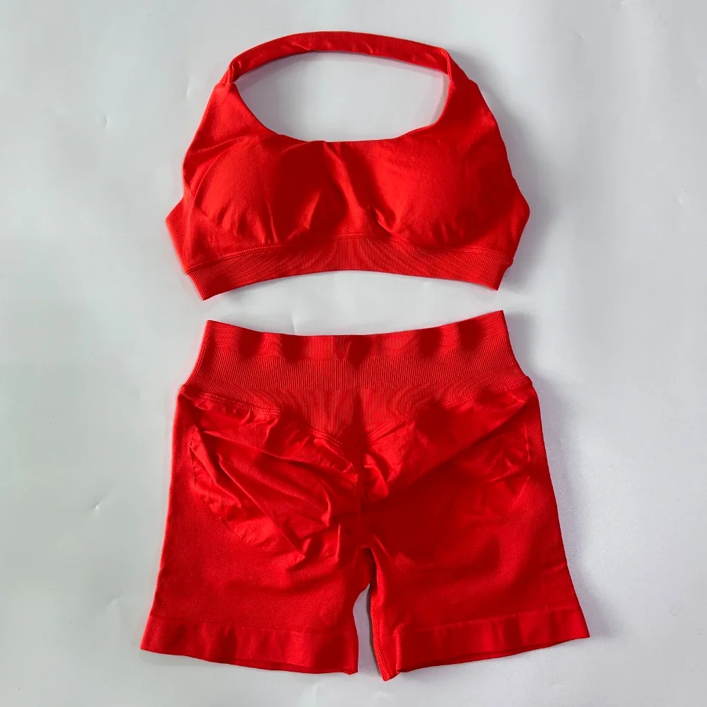 2-teiliges Set Damen Nahtloses Yoga-Set Workout-Sets Halter-Sport-BH Scrunch-Shorts Fitnessanzug Sportbekleidung – Detail 18