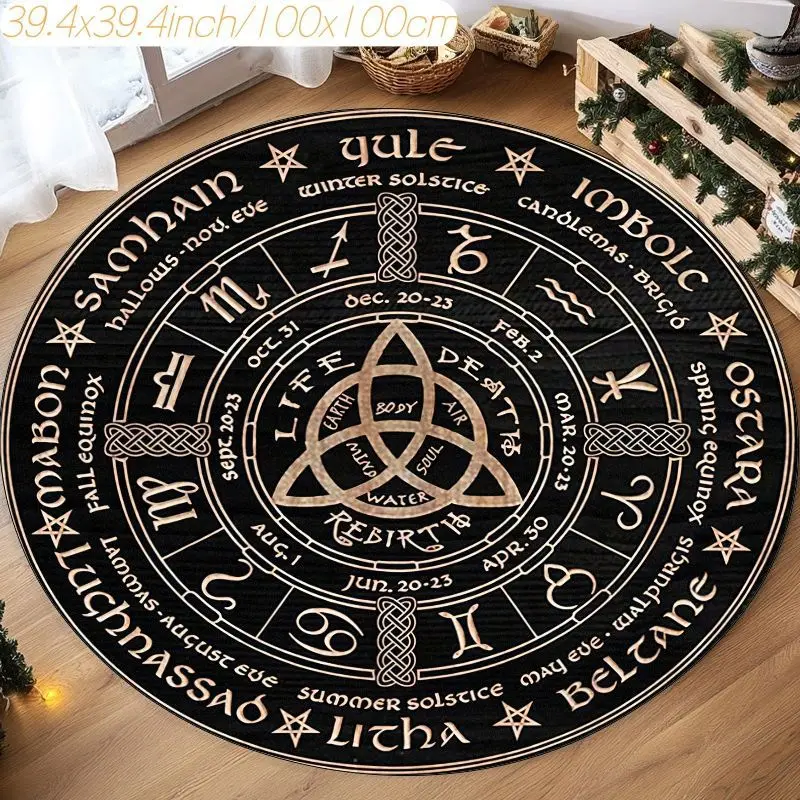 Celtic Wheel of the Year Round Rug – Machine Washable Non-Slip Mat with Zodiac & Seasonal Symbols for Home Decor