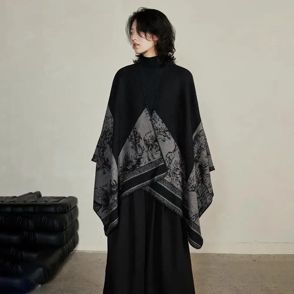 

Jiangnan Water Town Artistic Travel Shoulder Shawl Knitted Wrap Coat Oil Painting Design Open Split Cowl Neck Outerwear