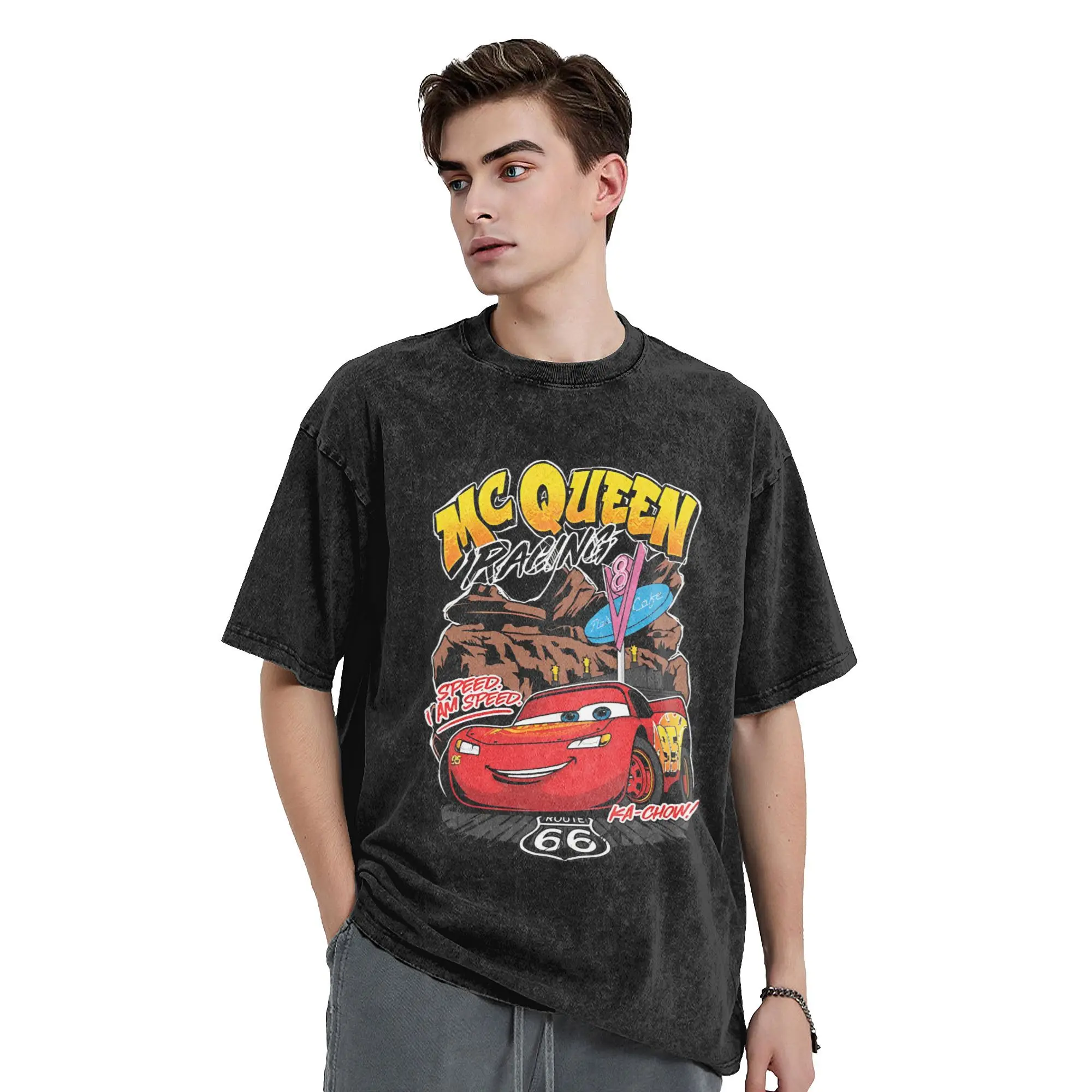 Harajuku Washed Shirts McQueen lighting red car cartoon  Merch Novelty T Shirt High Street  Streetwear Cotton Tees