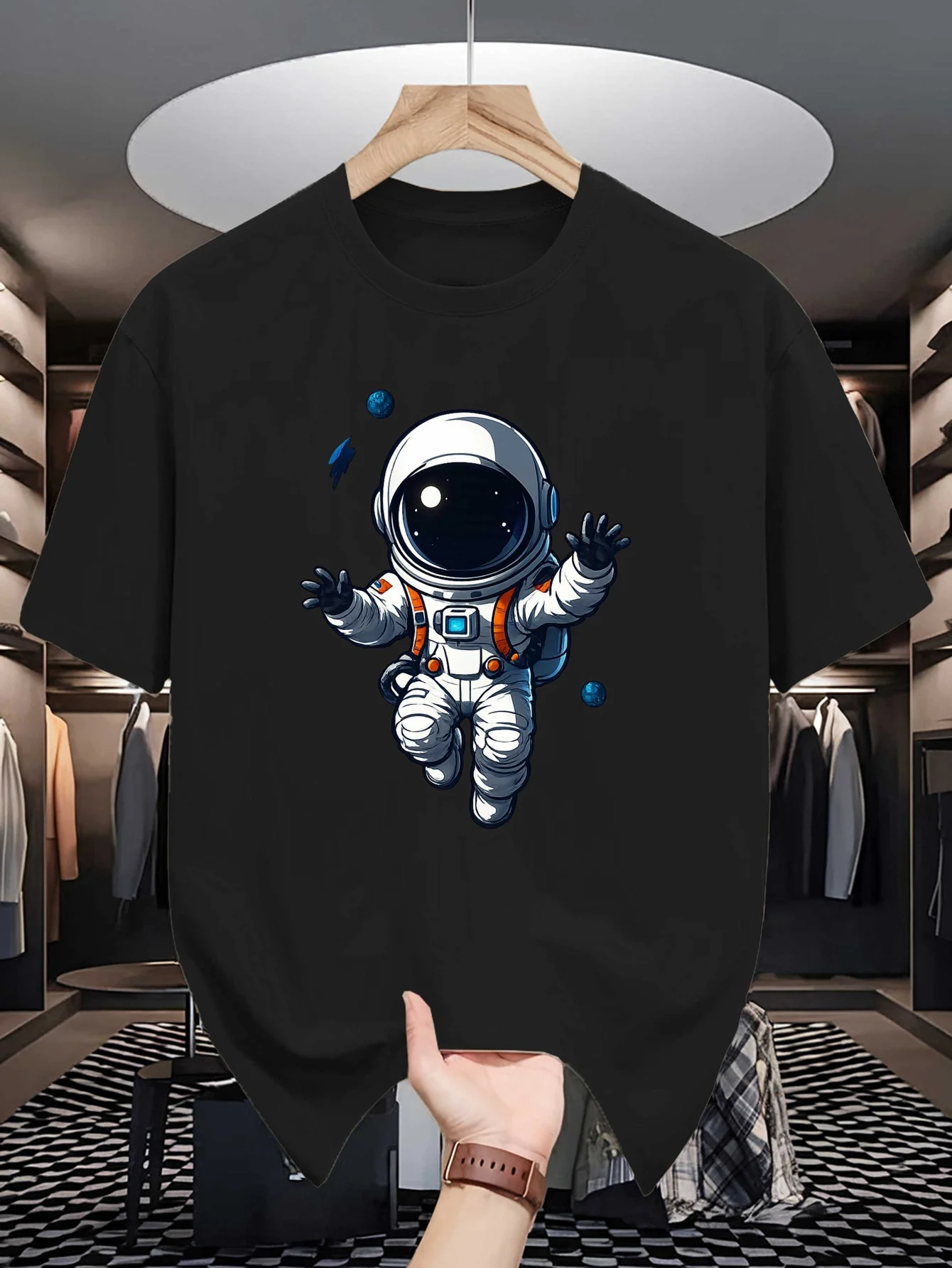 Cute Waving Astronaut Mens Crew Neck T Shirt Space Planet Rocket Cartoon Cosmonaut Graphic Short Sleeve Casual Street Tops