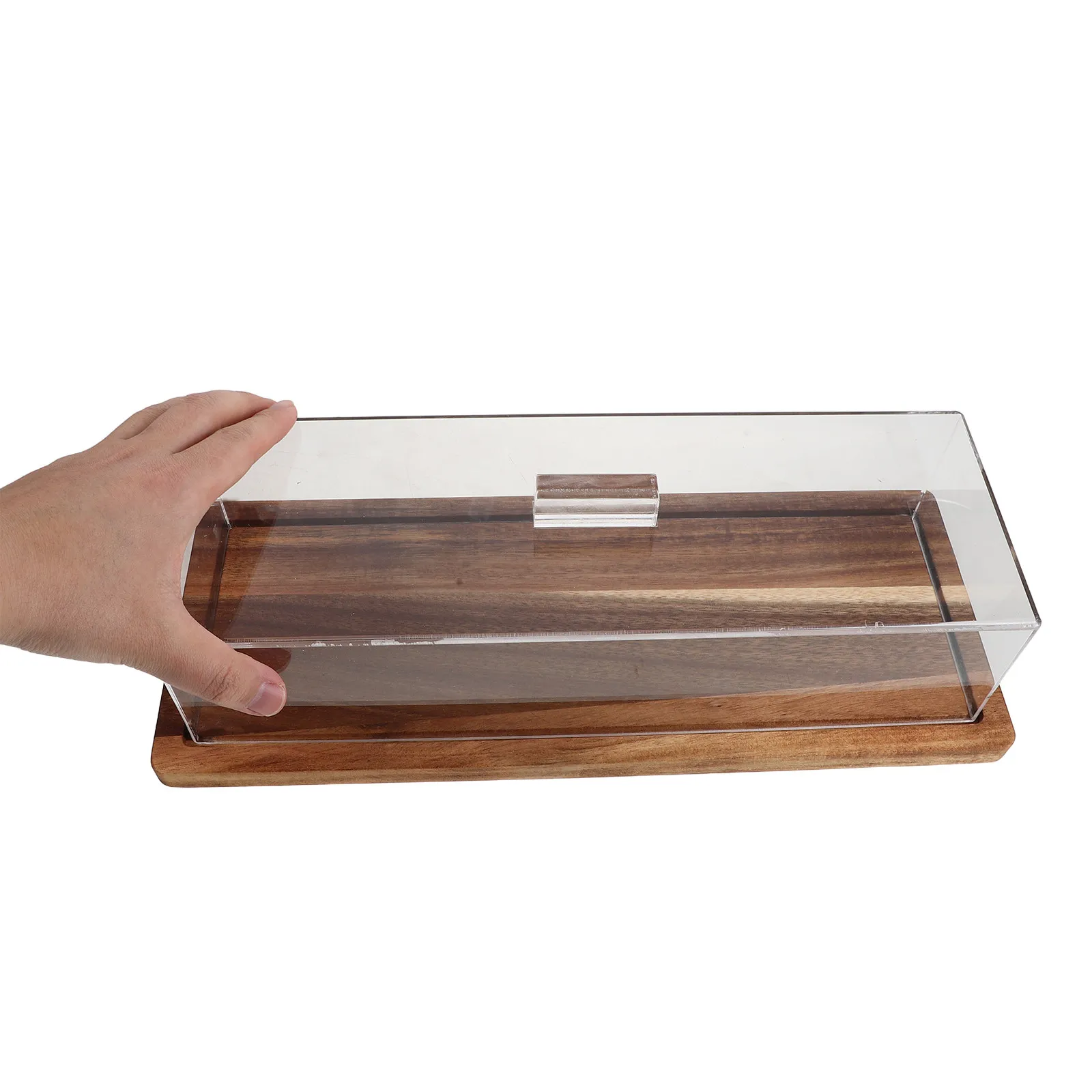 

Rectangle Cake Holder with Clear Acrylic Display Dome and Wooden Tray Platter for Loaf Cakes Pastries Desserts Snacks