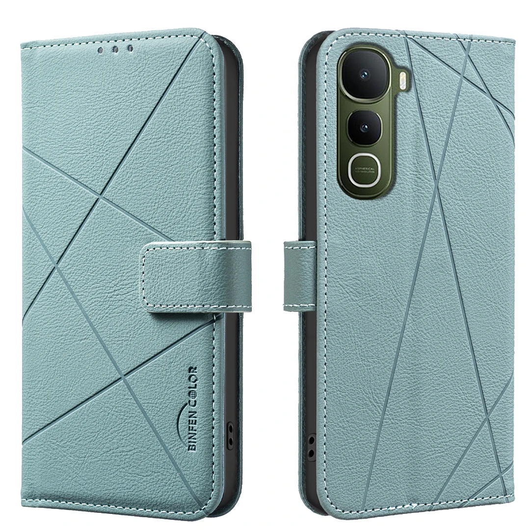 

Для vivo Y400 5G чехол BINFEN COLOR BF35 кожаный чехол для телефона с геометрическим принтом и RFID-блокировкой-подставкой-кошелек - зеленый