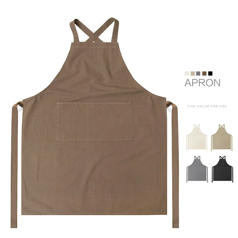 Solid Color Cross Strap Apron Water-Resistant Two Pocket Coffee Shop Workwear Men and Women Home Kitchen Apron