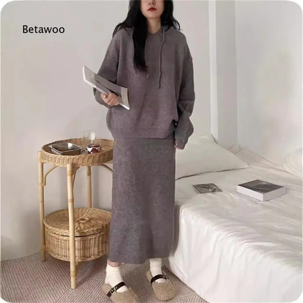 Women Knit Two Piece Outfit Drawstring Hood Pullover Top and High Waist Midi Skirt Loose Matching Suit for Daily Casual Occasion