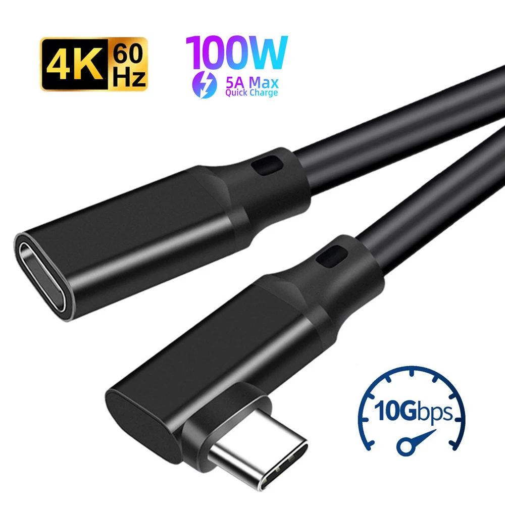 90-Grad-Winkel-USB-C-Verlängerungskabel Typ C USB3.2 10 Gbit/s 100 W 5 A Stecker auf Buchse Schnelllade-Verlängerungskabel für MacBook Realme
