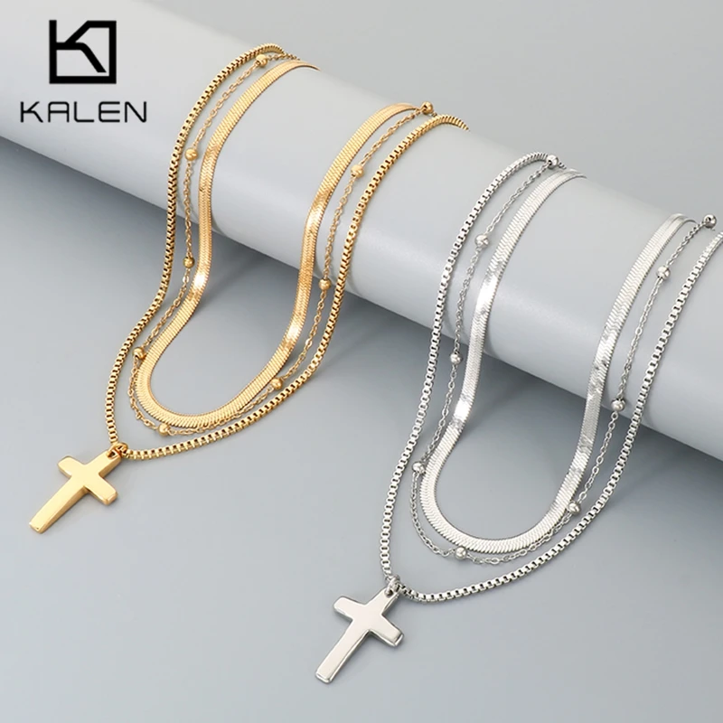 Gold Color Layered Bar Pendant Necklaces Men‘s Multi-Chain Beaded Sleek Religious Cross Pendant Jewelry Stylish Metal Accessory