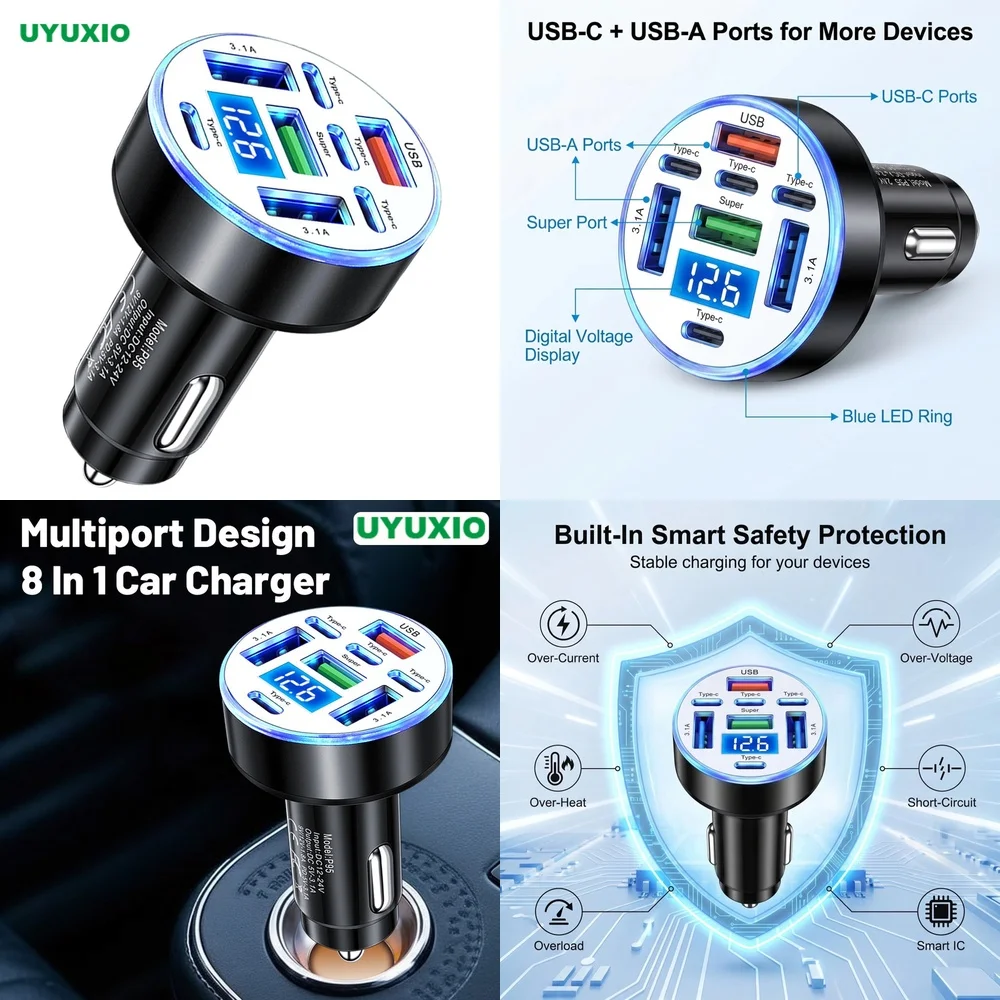 High Power USB C Multi Port Car Adapter for iPhone 16 Pro Max Samsung S26 Ultra iPad with Digital Voltage Display for Gear